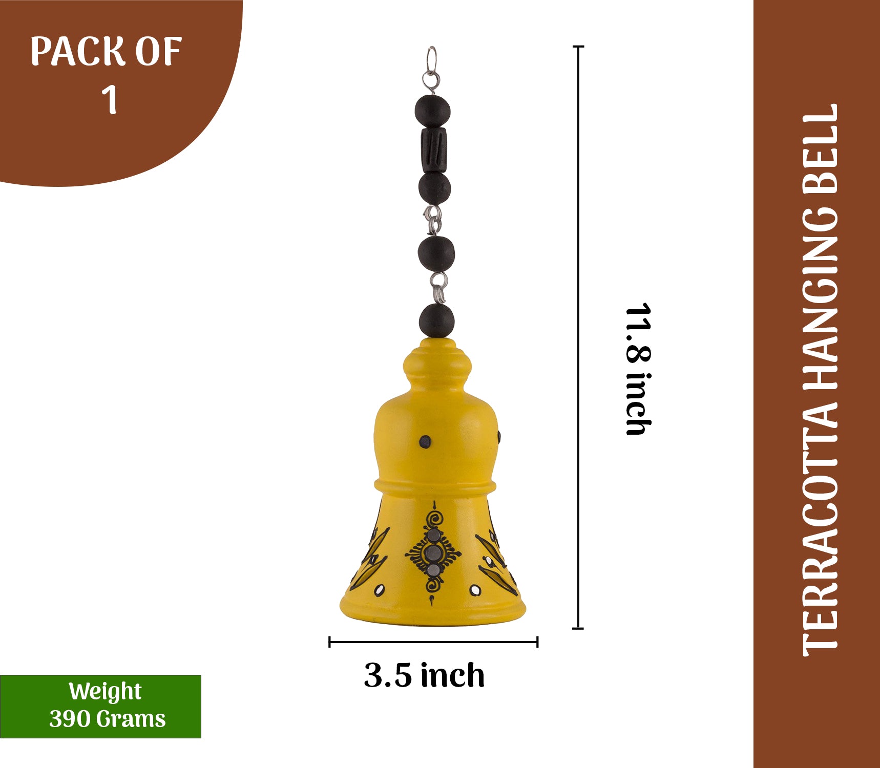 Detailed dimension view of handcrafted terracotta hanging bell showing height and weight-perfect for balcony or indoor and outdoor decor.