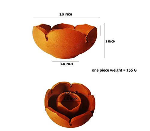 Dimension view of terracotta lotus-shaped diya measuring 3.5 inches in diameter, 2 inches in height, and weighing 155 grams.