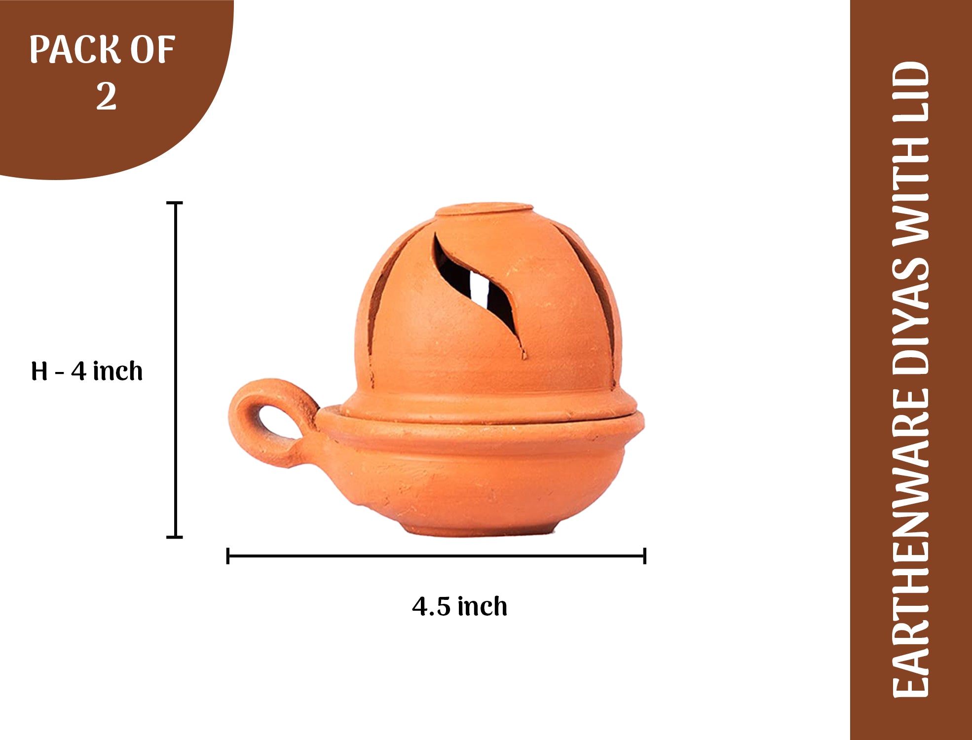 Terracotta diya with lid shown with dimensions (4.5 inch width × 4 inch height), pack of 2 – ideal for pooja, home décor, or festive lighting.