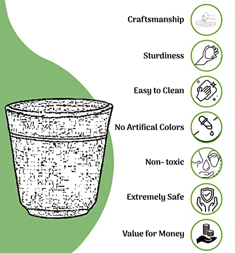 Illustrated terracotta glass displayed with features like fine craftsmanship, non toxic material, no artificial colors, and easy to clean for safe everyday use.