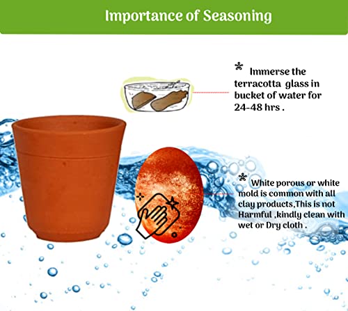 Terracotta water glass shown with seasoning tips, highlighting immersion in water and guidance on cleaning natural white spots for safe first-time use.