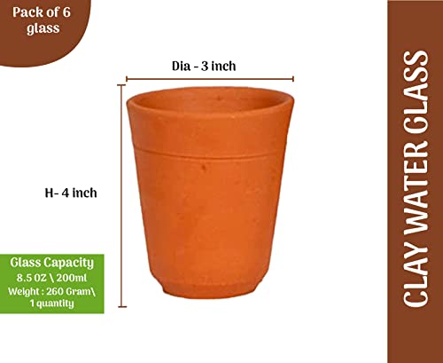 Traditional terracotta water glass displayed with product details, highlighting its natural build and earthy texture, perfect for sustainable daily use.