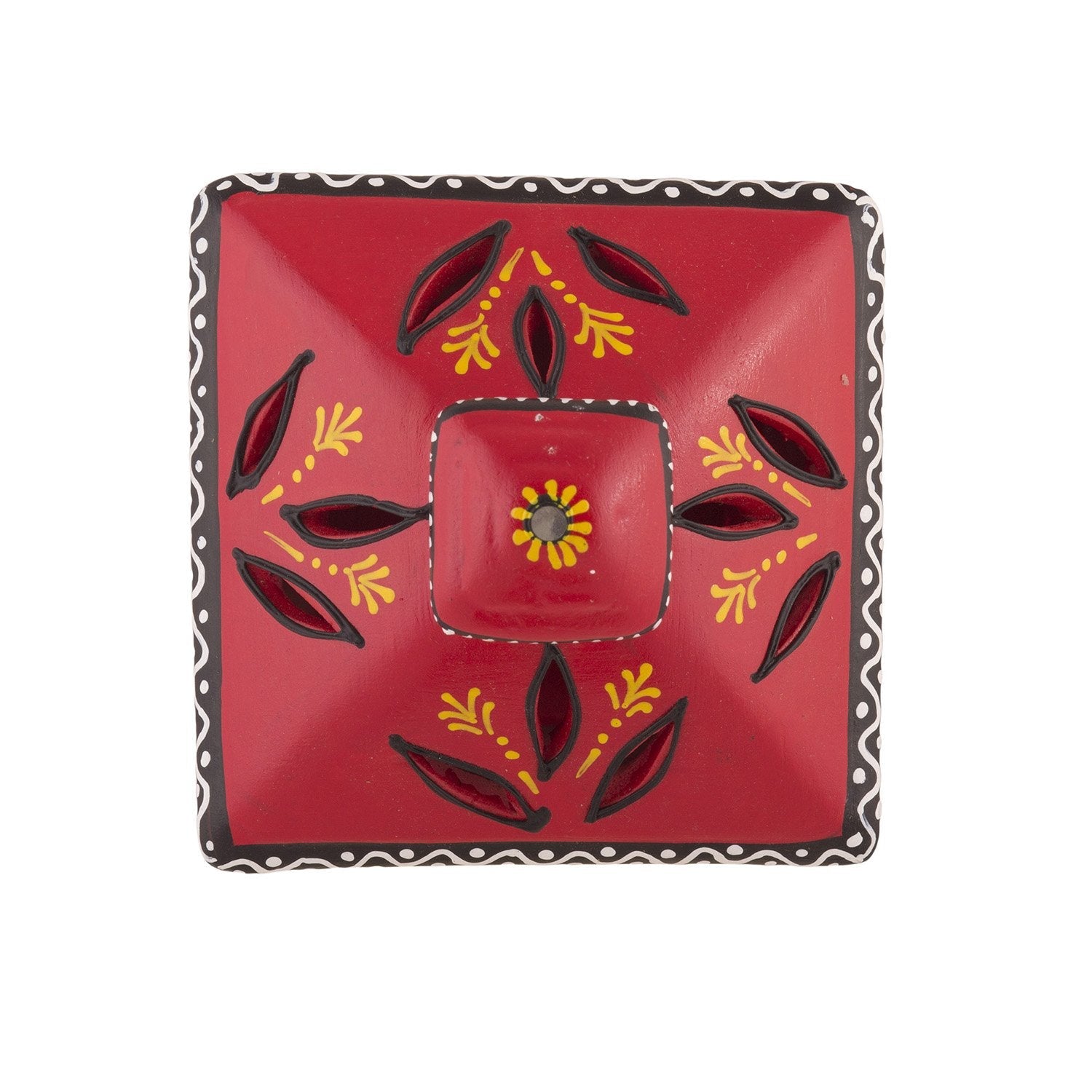 Top view of a square-shaped terracotta hut-style diya with hand-painted floral designs in yellow, black, and red.