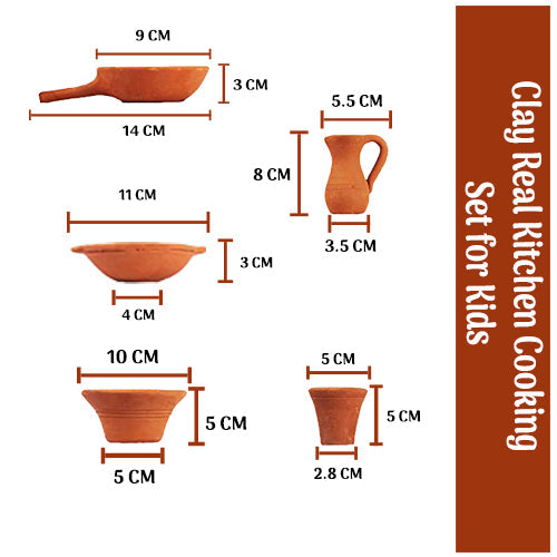 Dimension view of terracotta kids toy kitchen set showing clay pan, jug, bowls, and glass with measurements in centimeters.