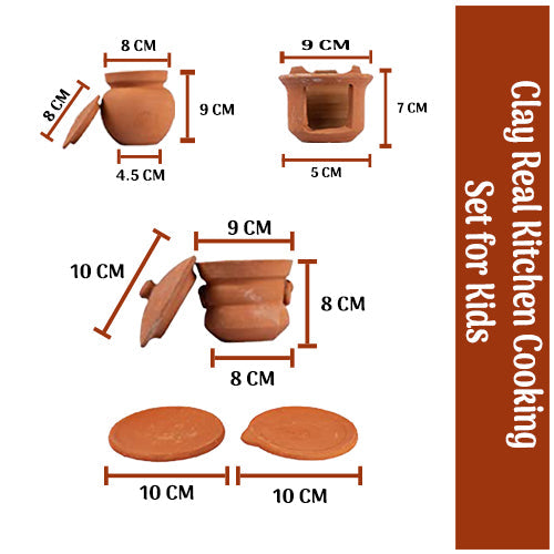 Dimension view of terracotta kids cooking set showing clay pots, stove, and lids with measurements in centimeters for pretend play kitchen.