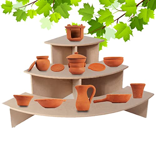 Terracotta kids toy cooking set displayed on a wooden stand with miniature clay pots, stove, jug, and utensils for pretend play.