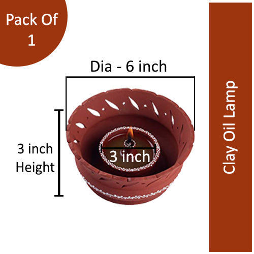 Dimension view of terracotta vallar diya showing 6-inch diameter and 3-inch height, with a 3-inch central diya and pack of 1 label.
