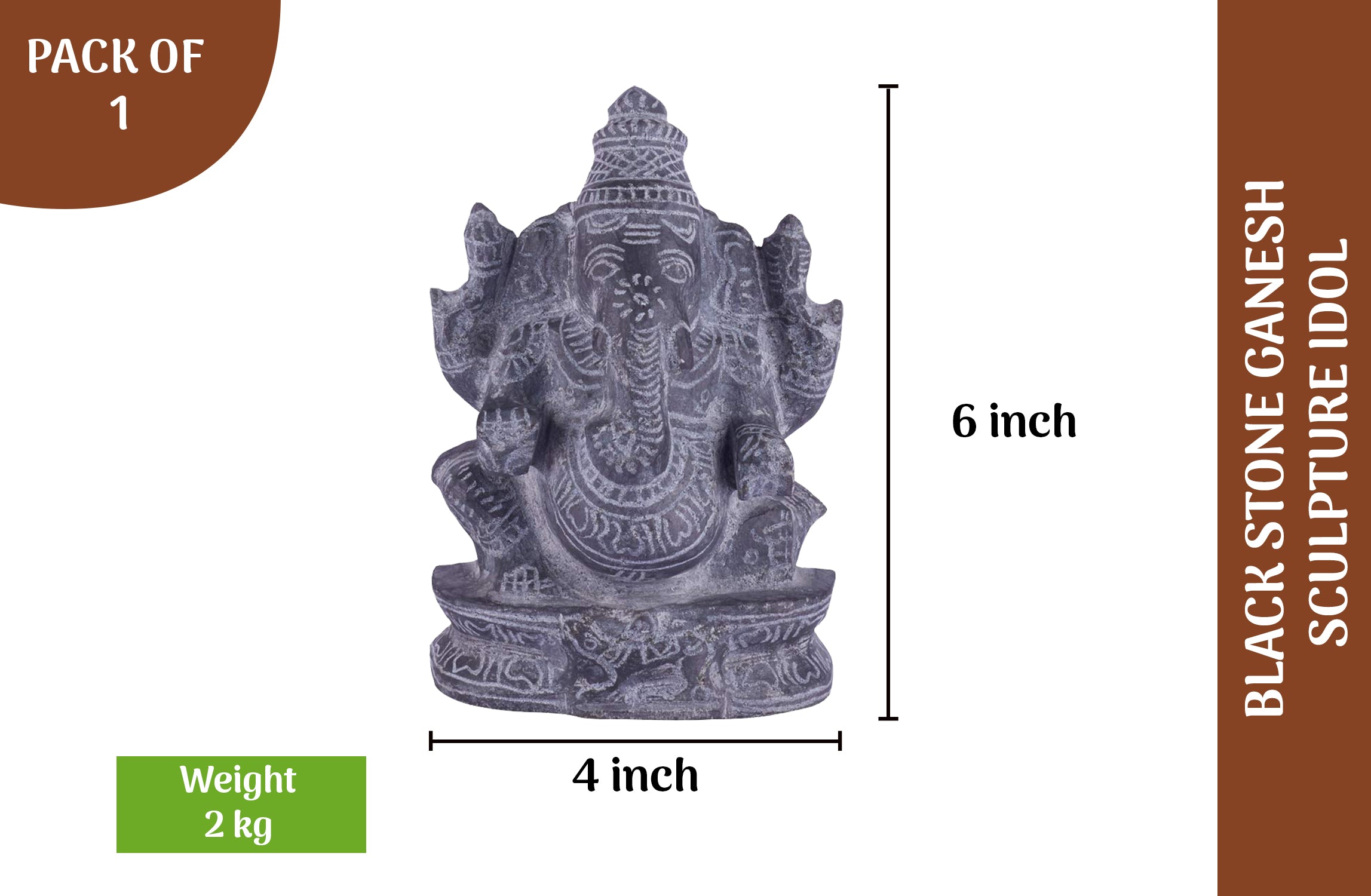 Black stone Ganesha idol with 6 inch height and 4 inch width, handcrafted sculpture for pooja and home decor use.