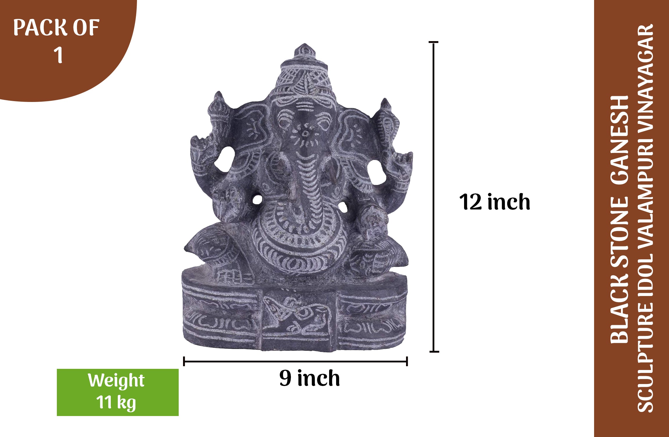 Black stone Ganesha idol with 12 inch height and 9 inch width, handcrafted sculpture for pooja and home decor use.