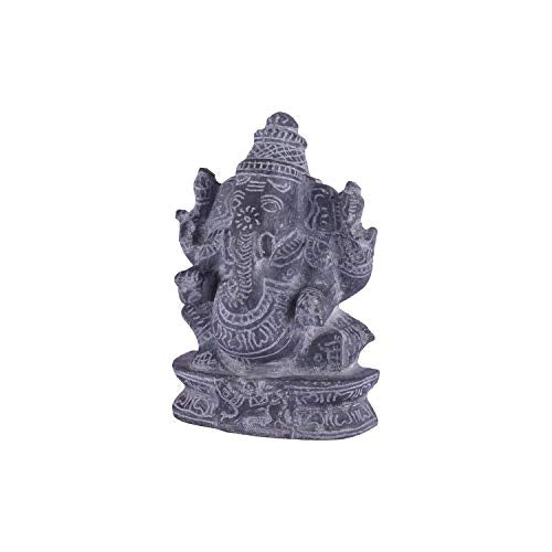 Left side view of handcrafted black stone Ganesha idol with intricate carvings for spiritual and decorative use.