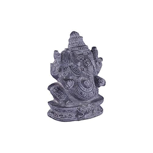 Side angle view of black stone Ganesha idol showing detailed carvings, handcrafted sculpture for pooja and decor.
