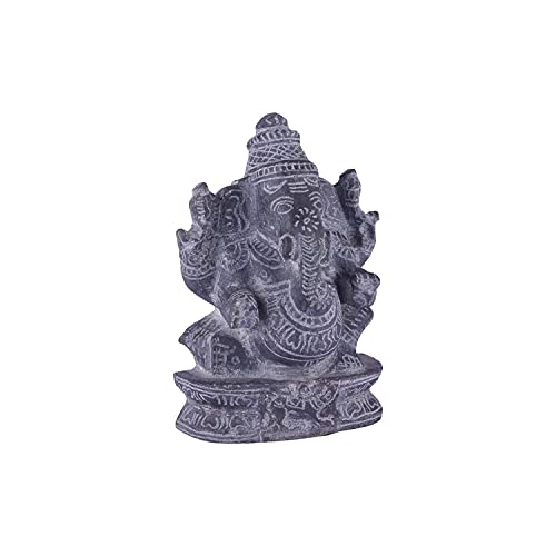 Side angle view of black stone Ganesha idol showing detailed carvings, handcrafted sculpture for pooja and decor.