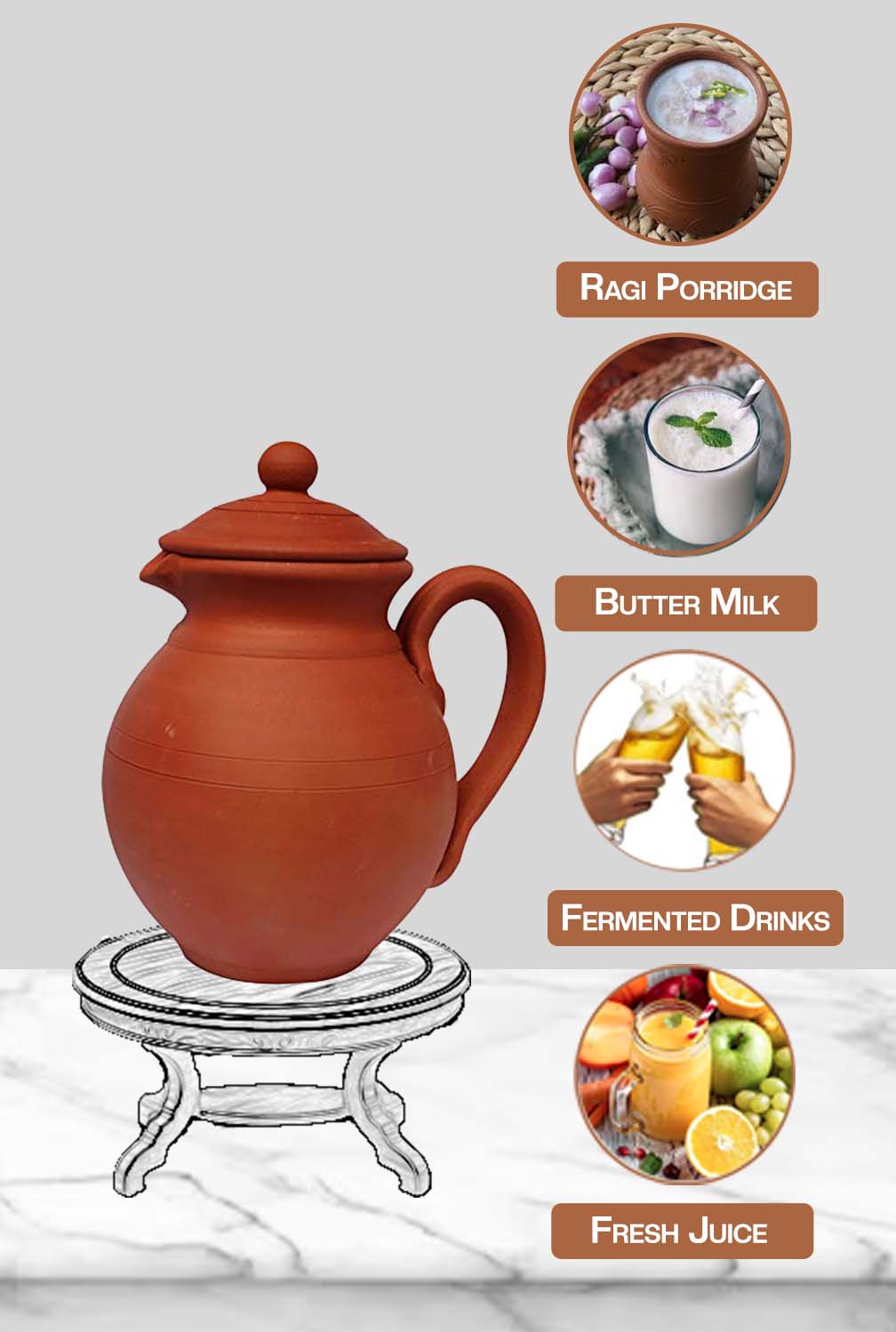 Terracotta clay Water Jug with Glass(Pre-seasoned) - 1500 ml