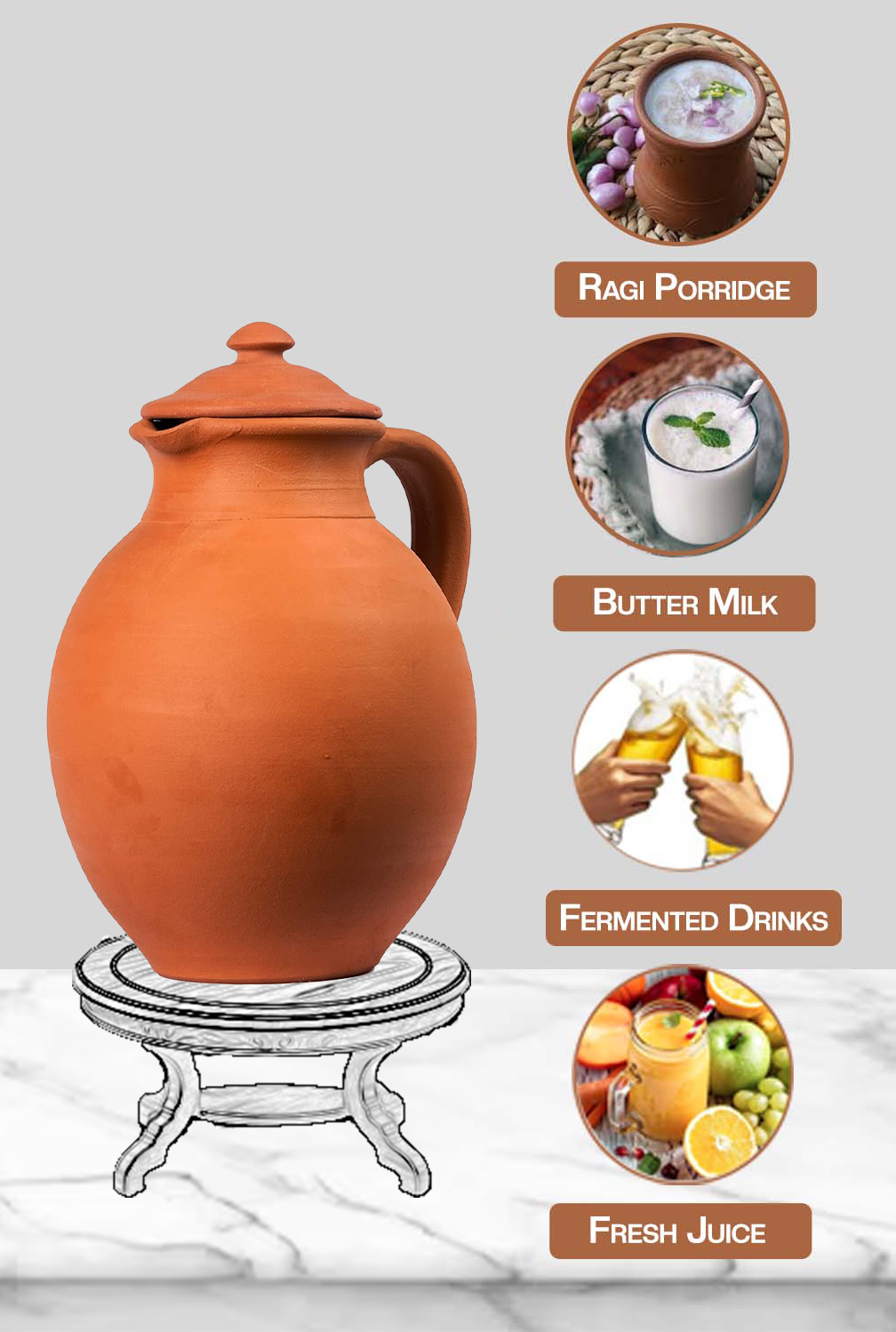 Terracotta clay Water Jug / Pitcher (Pre-seasoned) -3000 ml