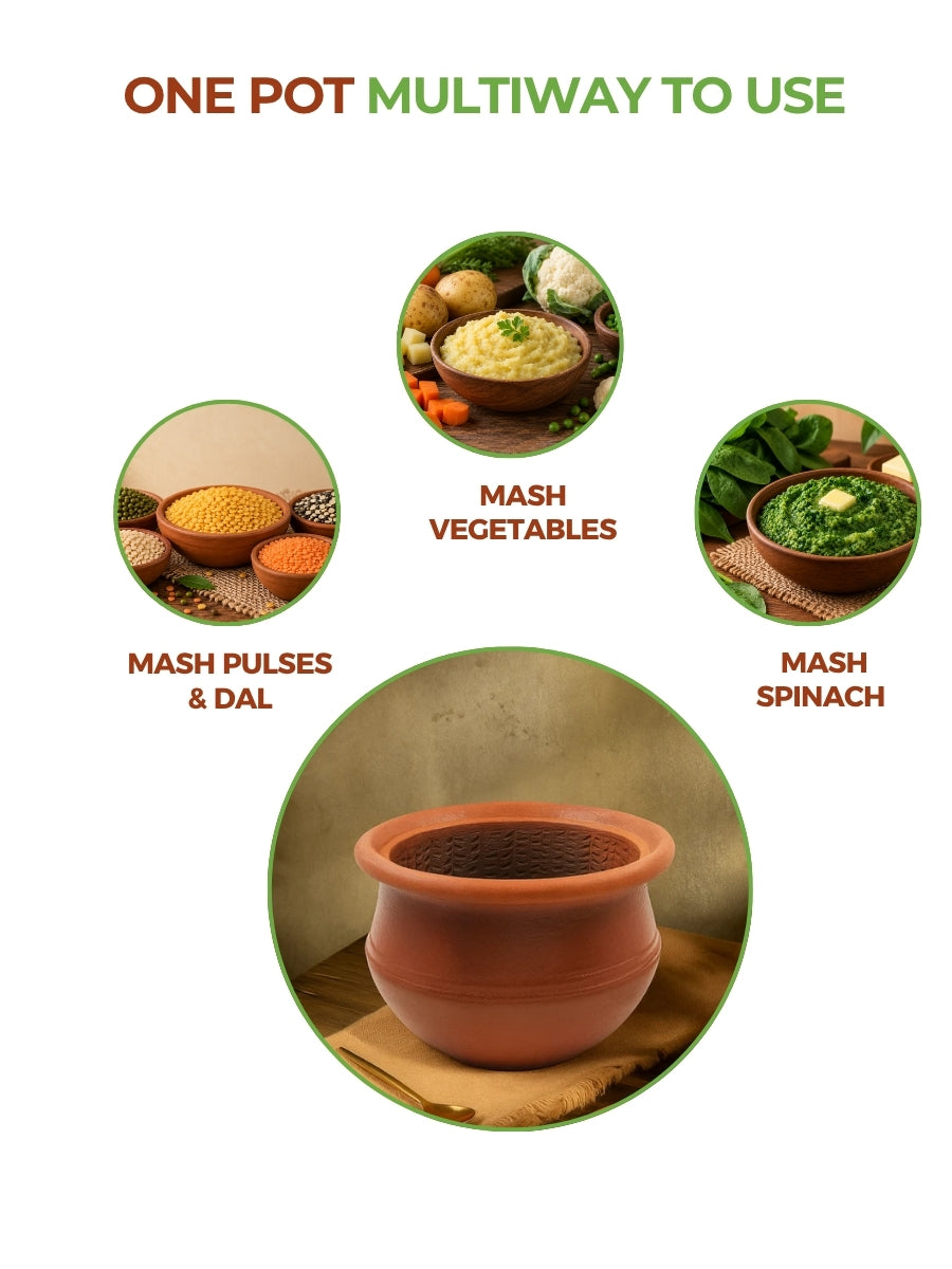 Clay Keerai Chetti | Cookware for easy mashing of dals and spinach|  Mitti Ke Bartan - (Small(1.5 litres))