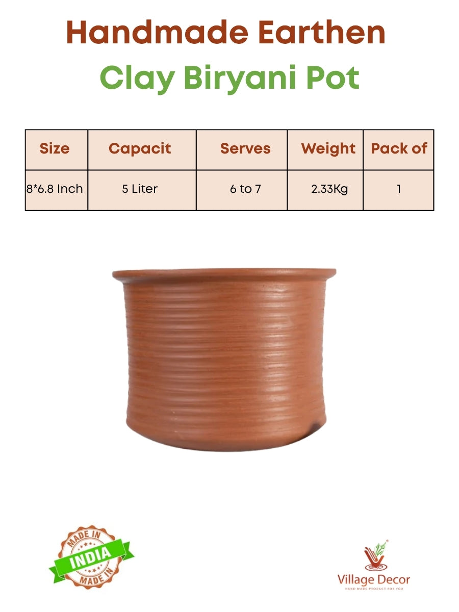 Earthen Clay Biryani Pot – 5 Liter | Mitti Ke Bartan, Traditional Cooking, Handmade, 100% Toxin Free