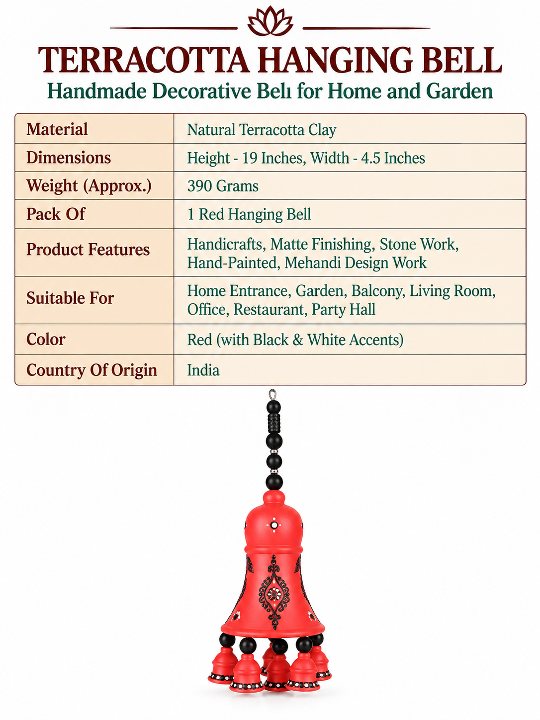 Terracotta Red color Hanging Bell for Home, Balcony, Garden & Patio | Traditional Clay Wind Chime – 19 Inch