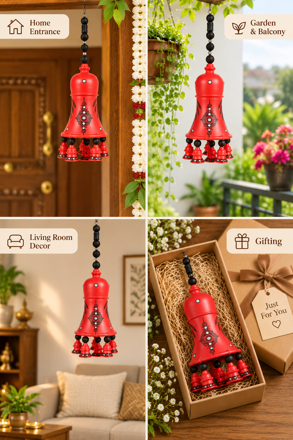 Terracotta Red color Hanging Bell for Home, Balcony, Garden & Patio | Traditional Clay Wind Chime – 19 Inch