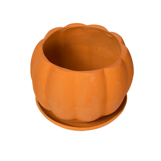 Village Decor Terracotta Pumpkin Shape Planter/Pot with Tray - Dia 7.5 inch