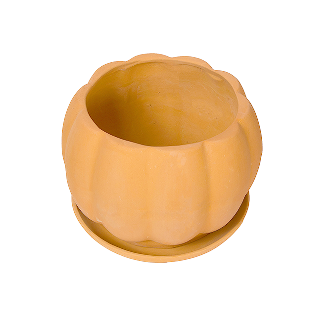 Village Decor Terracotta Pumpkin Shape Flower Pot with Tray - Dia 7.5 inch