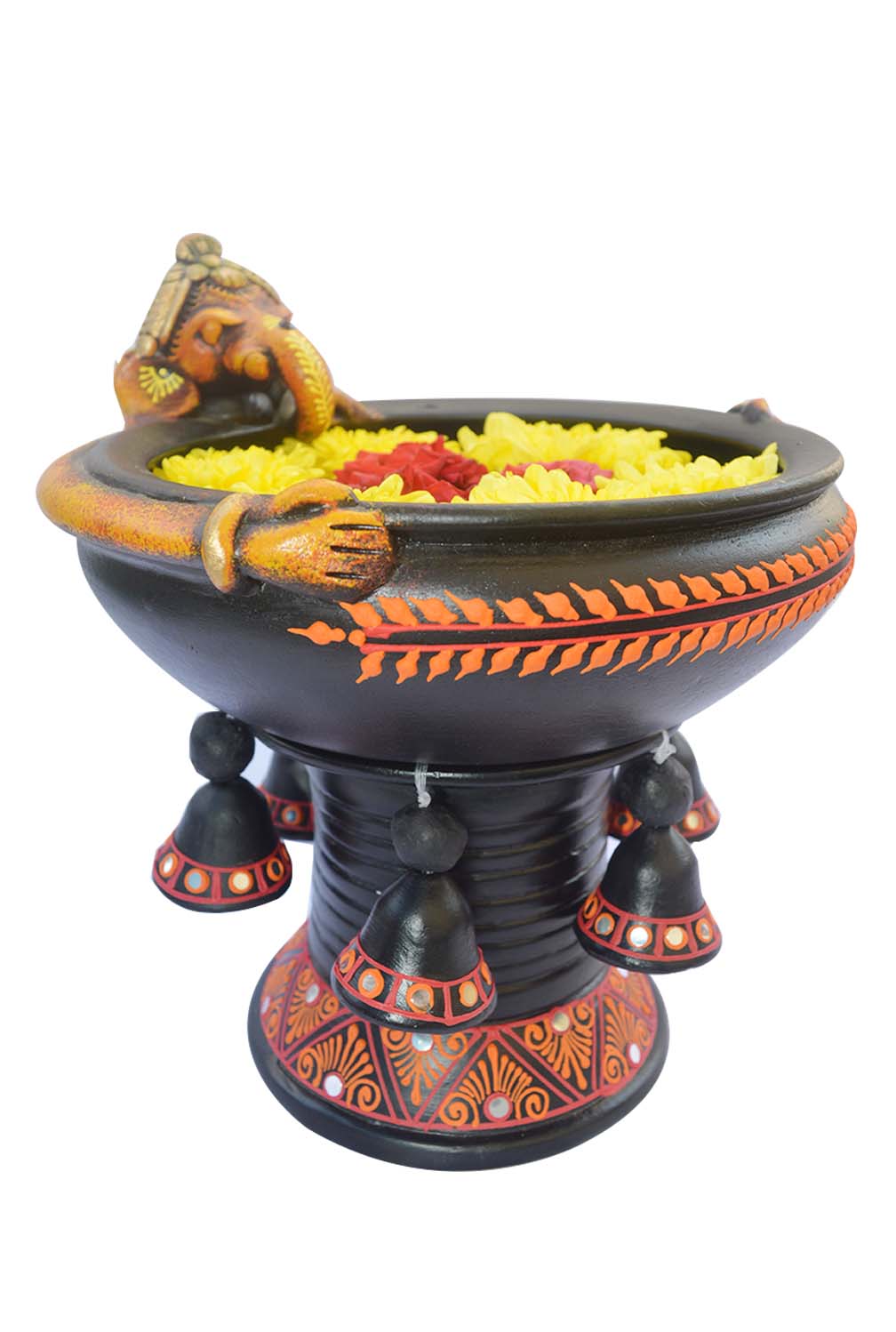 Handmade Terracotta Black Ganesha Decorative Urli Flower Pot with Stand