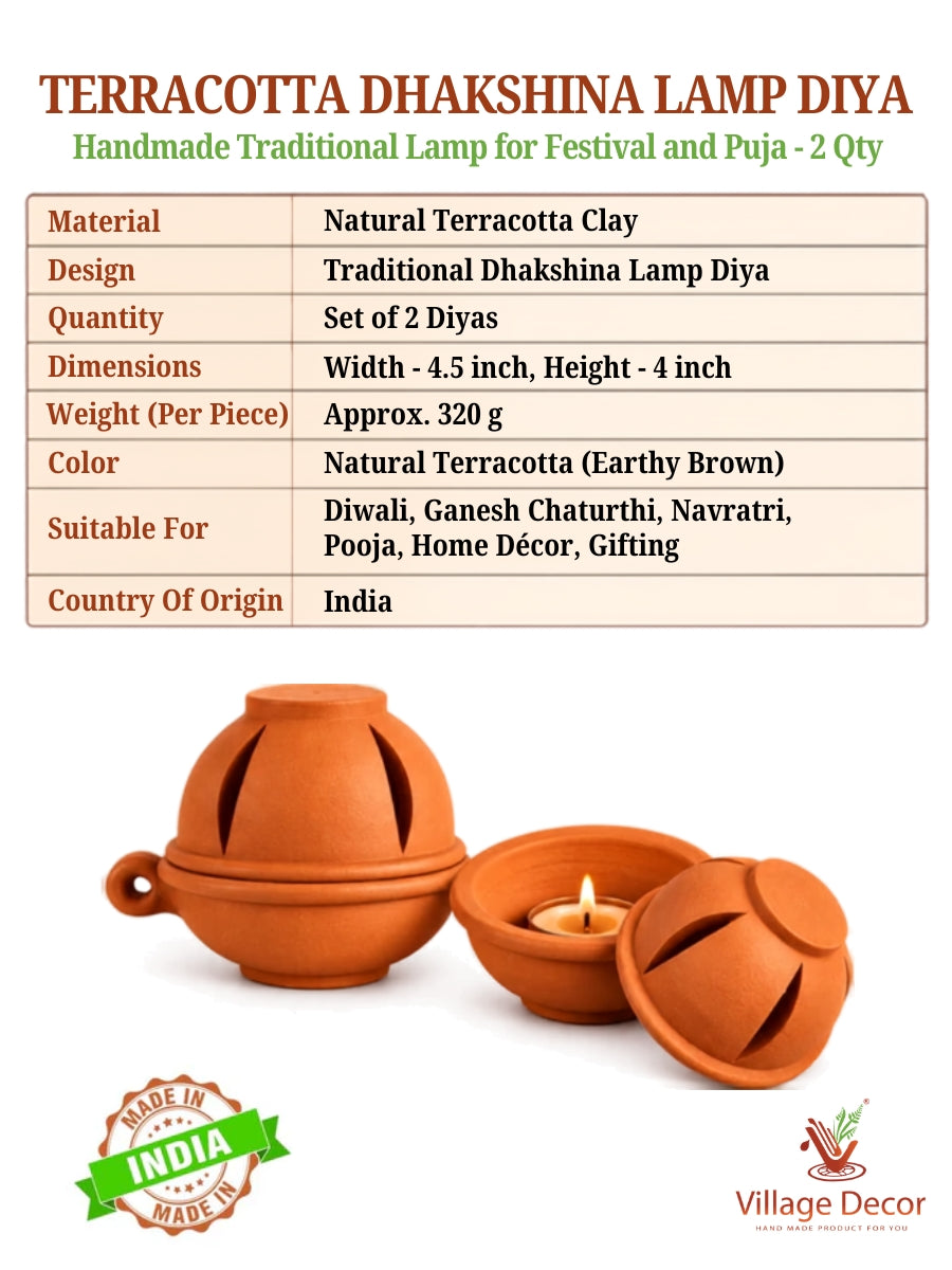 Traditional Handmade Terracotta Diyas with Lid for Home Decoration & Puja (2 Quantity)
