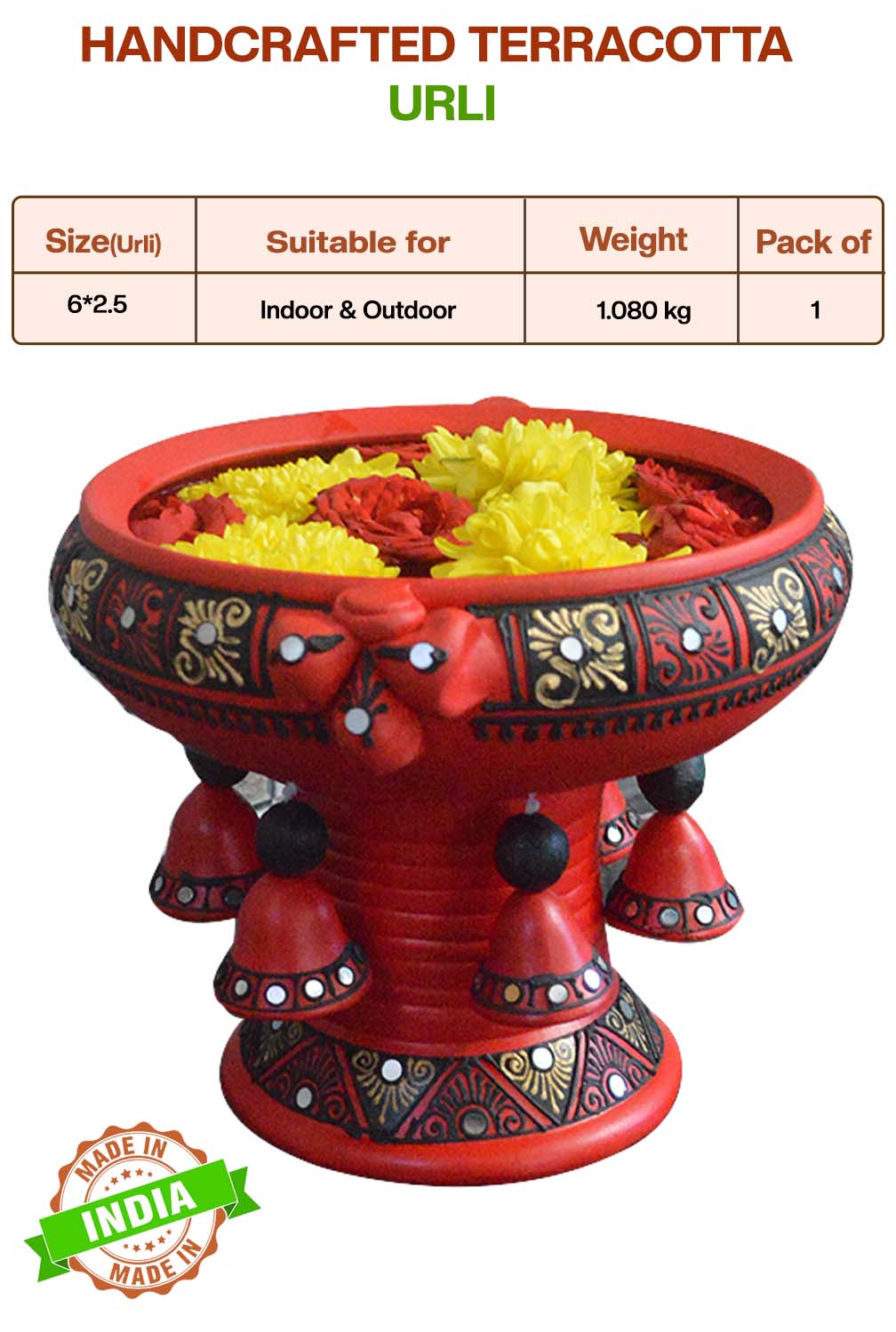 Terracotta Decorative Flower urli with stand Red - 6inch