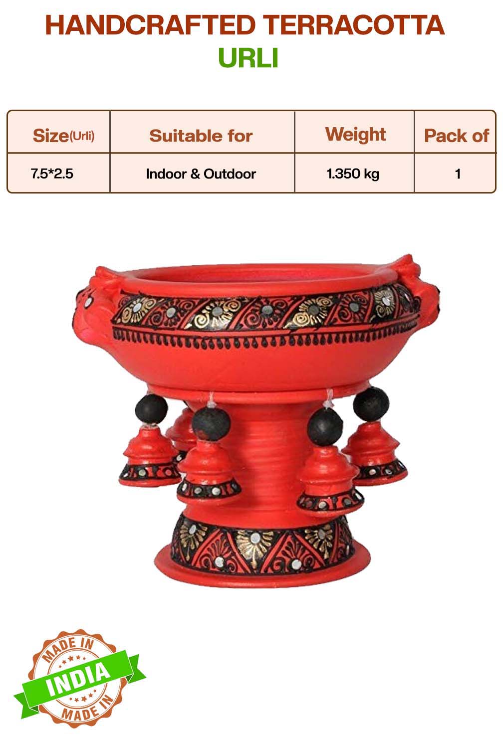 Terracotta Decorative Flower urli with stand Red - 8.5inch