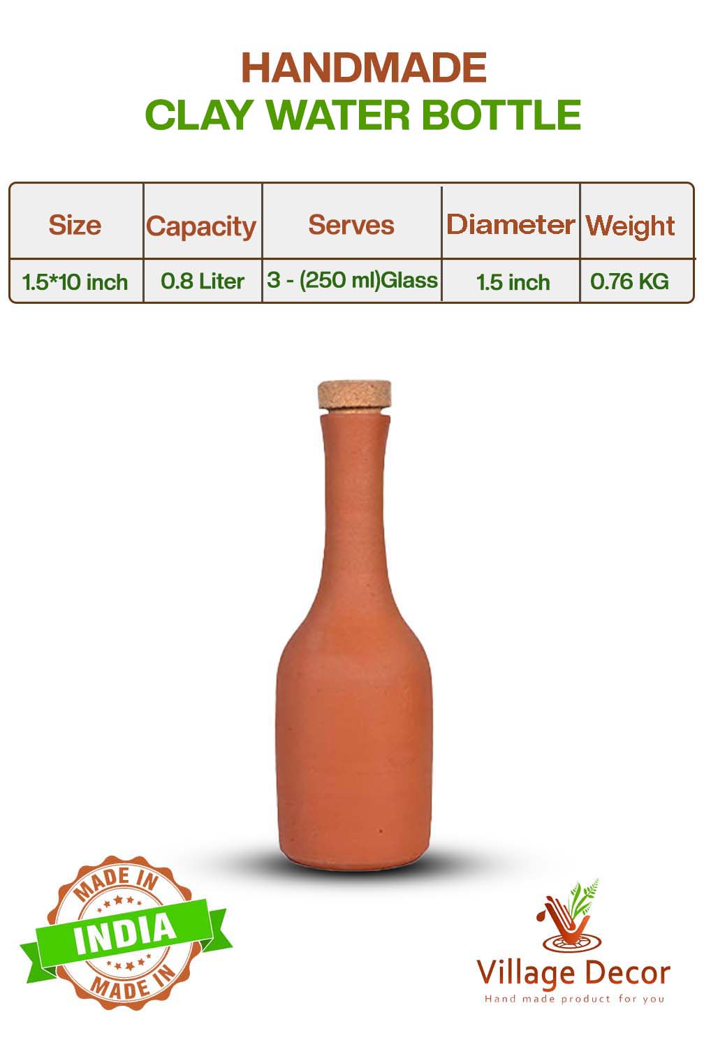 Terracotta clay Water Bottle with Wooden Cork (Pre-Seasoned) - 800 ml