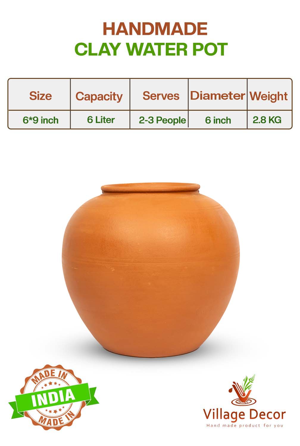 Village Decor Earthen Clay Water Pot with Lid (Pre-seasoned) 6000 ml