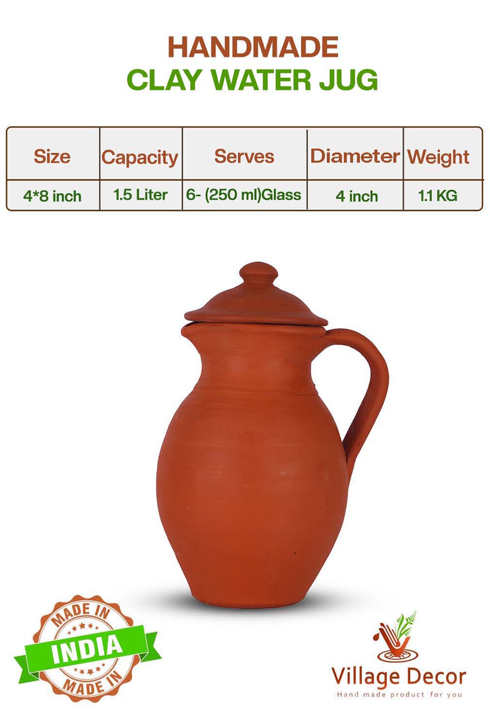 Terracotta clay Classic Water Jug (Pre-seasoned) -1000 ml