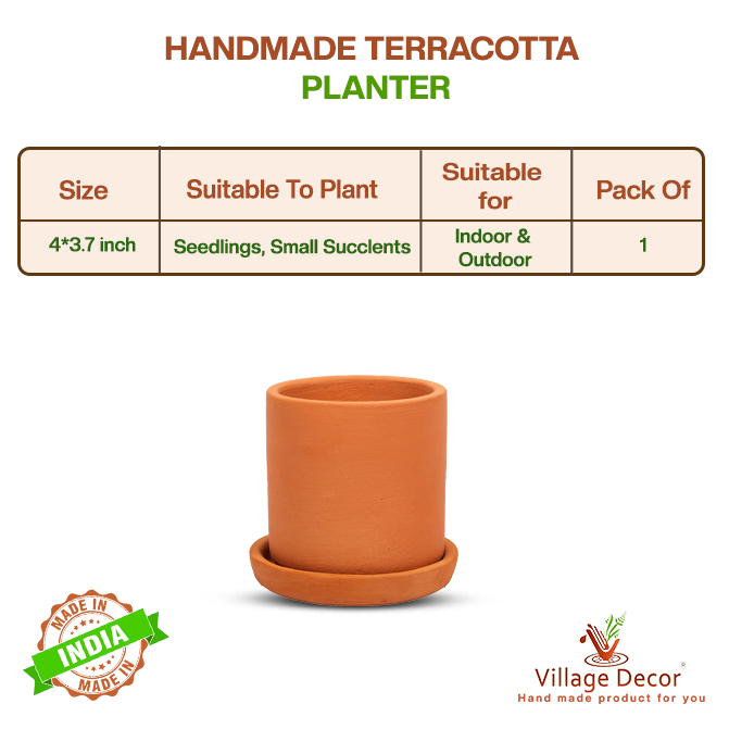 Village Decor Terracotta Cylinder shape Flower Pot with Tray (Dia - 4 inch)