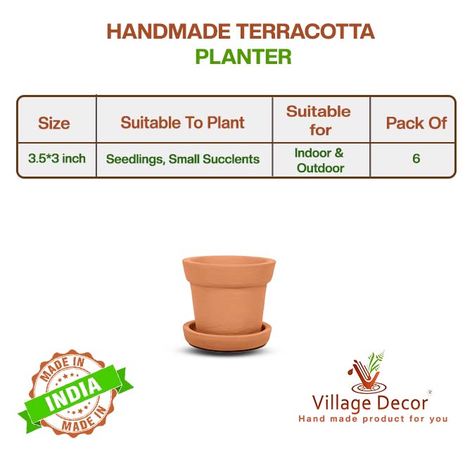 Terracotta Succulent Pot with Bottom Tray (Brown, 3 x 3 inch) (3 inch 6 Qty)