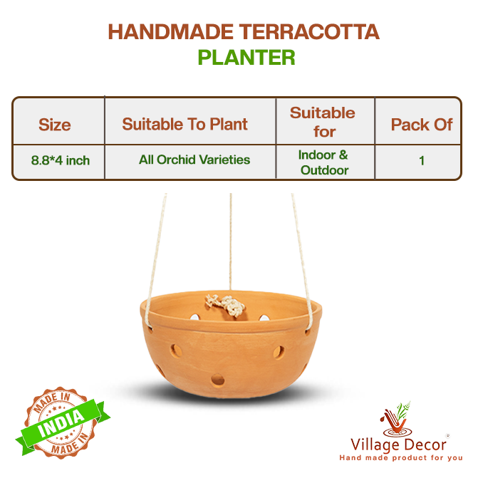 Village Decor Terracotta Hanging Bowl Shape Orchid Planter wit Rope (Dia - 8.8 inch)