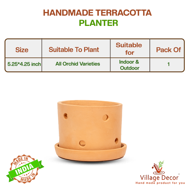 Village Decor Terracotta Cylinder Orchid Pot with Tray (Dia - 5 inch)