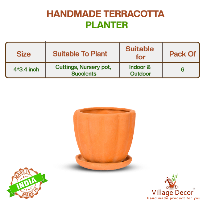 Village Decor Terracotta Planter Lined Planter with Tray Small Pack of 6 - (Dia 4 inch)