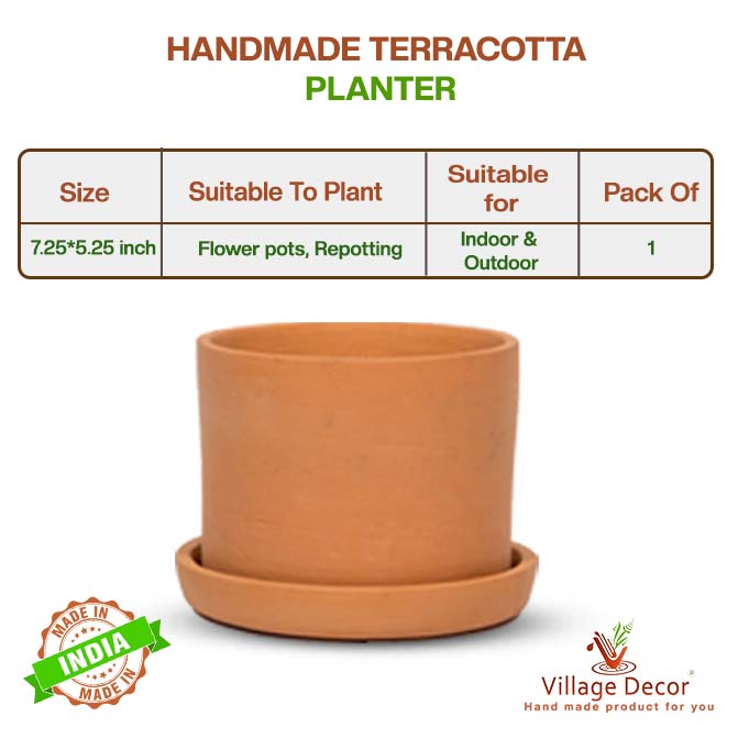 Terracotta Flower Pot with Bottom Tray 7 inch 1QTY