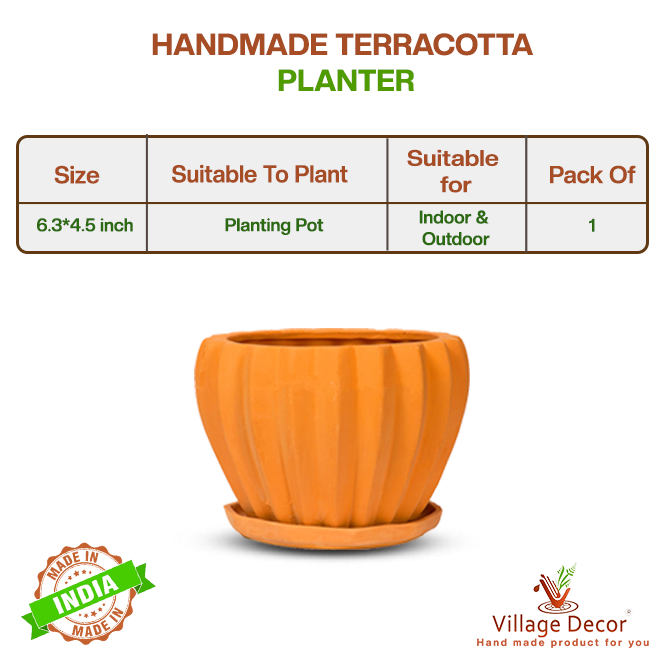 Village Decor Terracotta Planter with Bottom Tray - Dia 6.3 inch