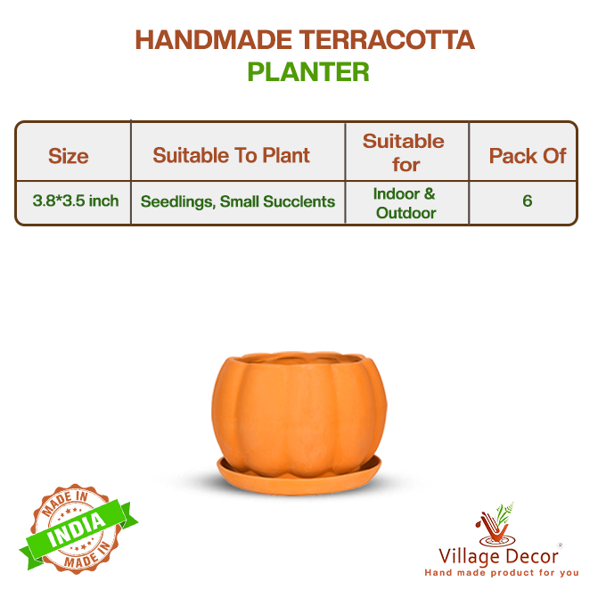 Village Decor Terracotta Pumpkin shape Planter with Tray Pack of 6 (Dia - 3.8 inch)