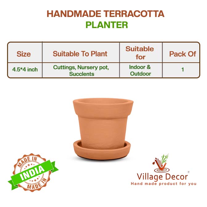 Terracotta Flower Pot with Bottom Tray 4 Inch