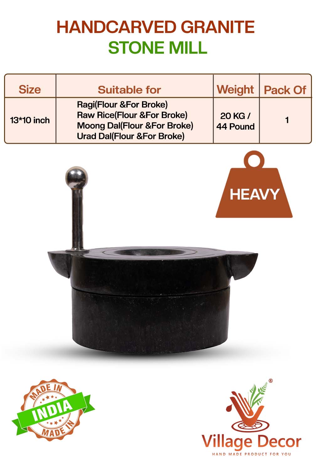 Black Carved Handmade Polished Patthar Ki Chakki |Stone Mill/Grinder (Dia - 10 inch)