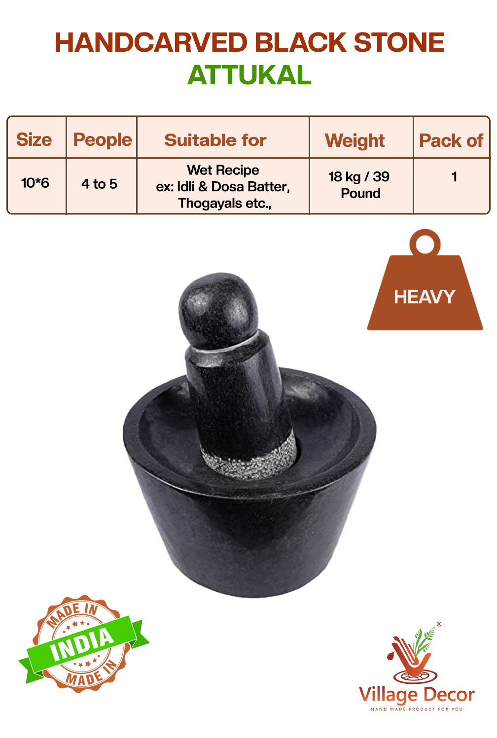 Black Stone Polished Attukal / mortar & pestle (B * H - 10 * 6 inch)