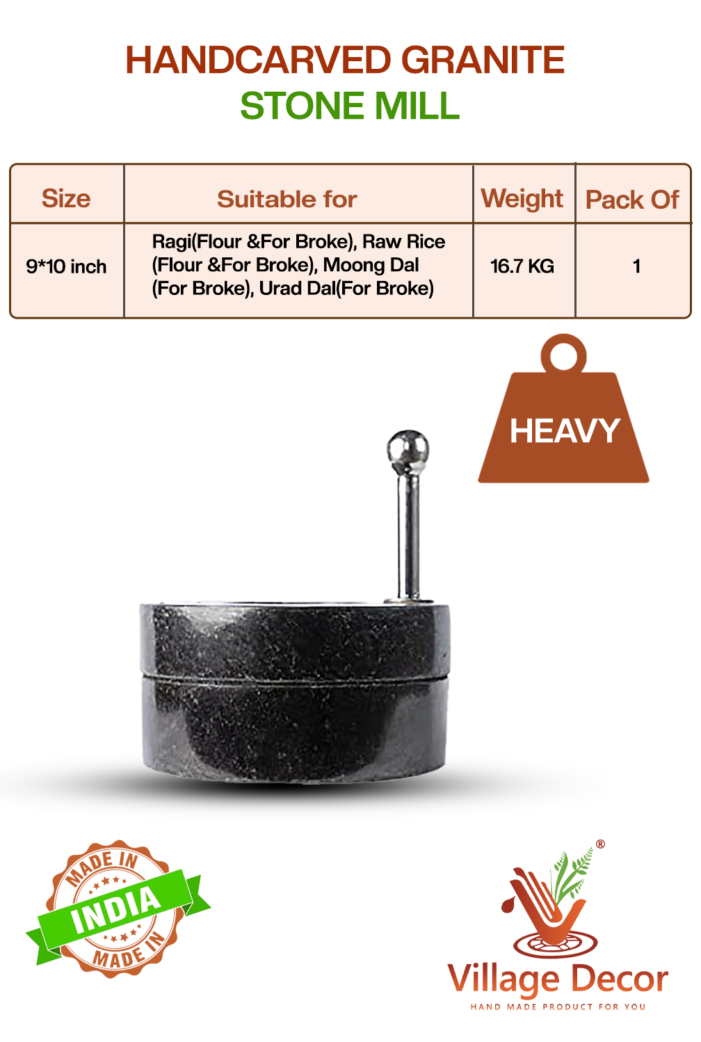 Black stone Handmade | Patthar Ki Chakki | Stone Mill/Grinder (Dia - 9 inch)