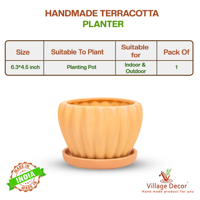 Village Decor Terracotta Planter with Bottom Tray - Dia 6.3 inch