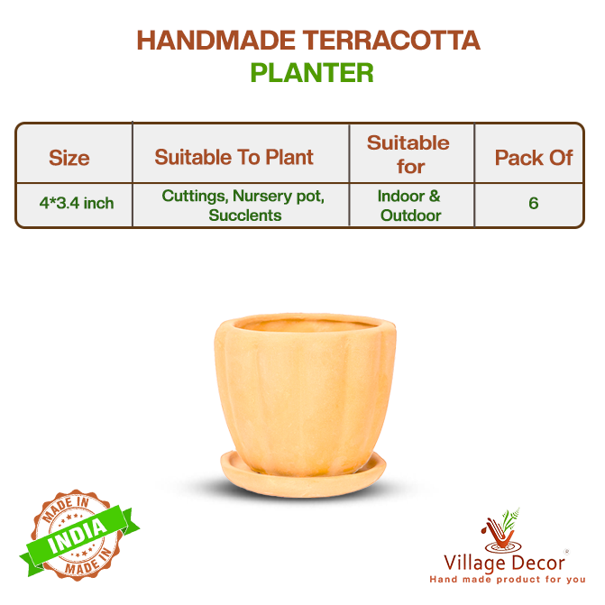 Village Decor Terracotta Succulent Pot Lined Planter with Tray Small Pack of 6 - (Dia 4 inch)