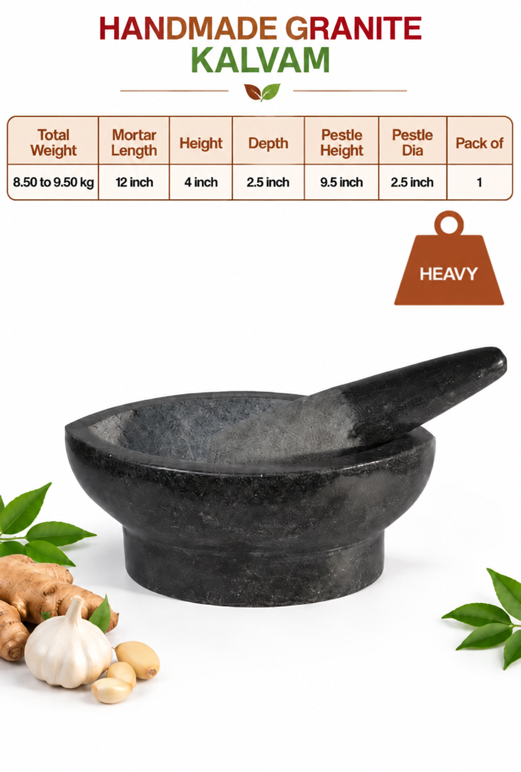 Granite Polished Kharal | Nanni Kalvam(நன்னி கல்வம்), Heavy Bottom with comfortable Pestle, 100% Safe, High-Quality Stone for Home & Kitchen