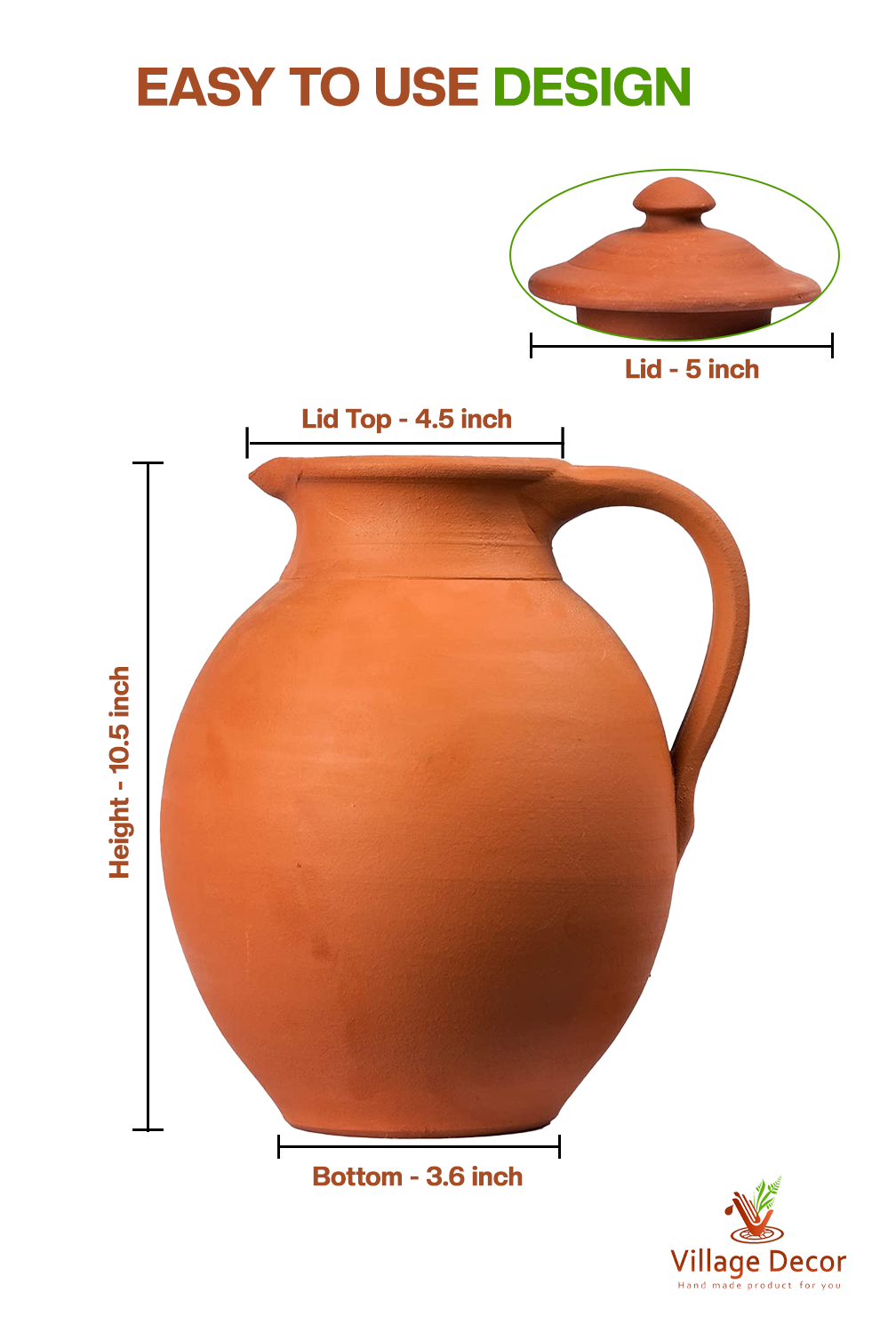 Terracotta clay Water Jug / Pitcher (Pre-seasoned) -3000 ml