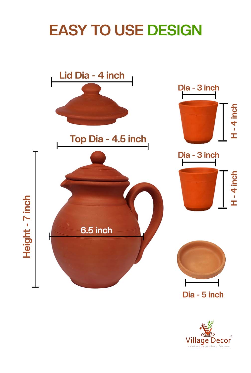 Terracotta clay Water Jug with Glass(Pre-seasoned) - 1500 ml
