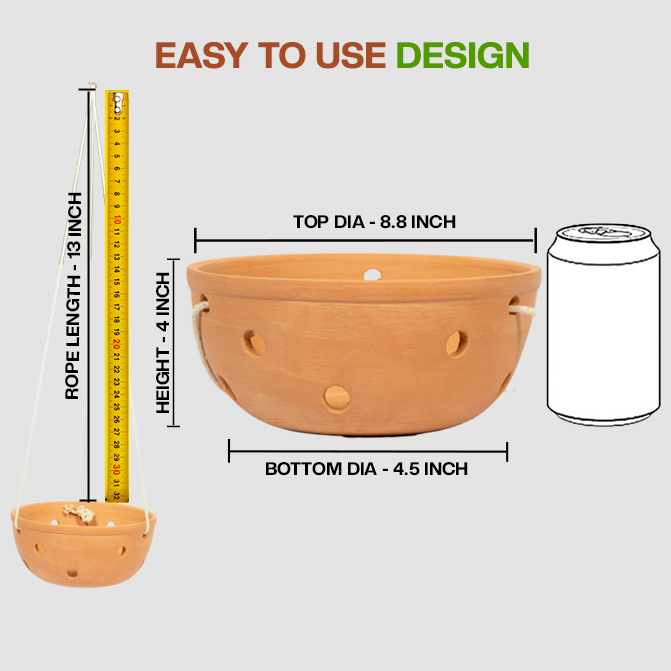 Village Decor Terracotta Hanging Bowl Shape Orchid Planter wit Rope (Dia - 8.8 inch)
