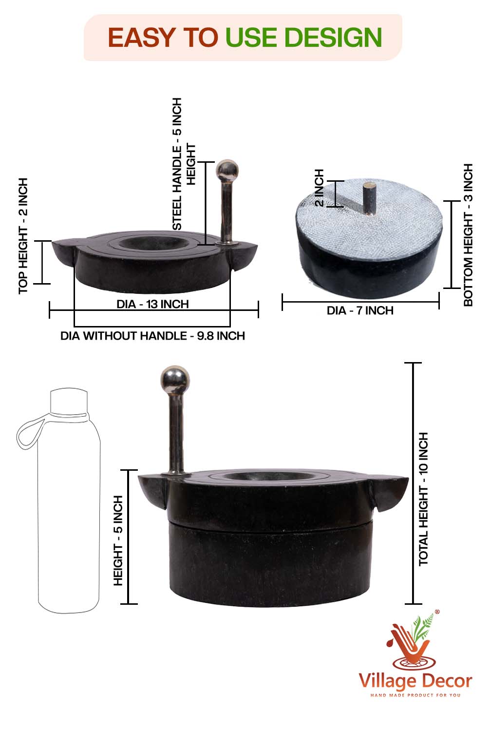 Black Carved Handmade Polished Patthar Ki Chakki |Stone Mill/Grinder (Dia - 10 inch)